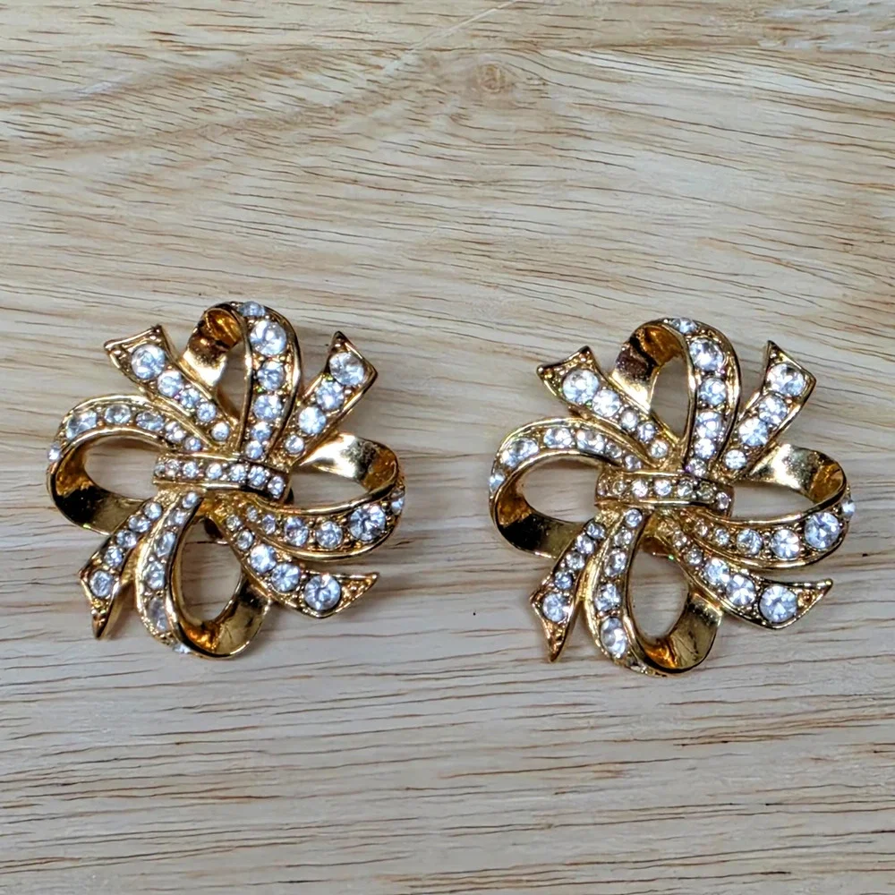 KENNETH JAY LANE KJL for Avon Rhinestone Bow Clip On Earrings Vtg Statement 1.5